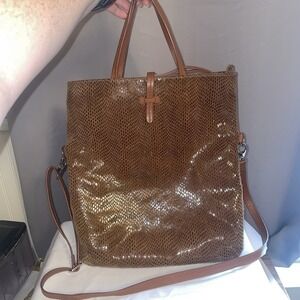 Sorial Snakeskin Brown Leather Fold Over Crossbody Bag Shoulder Tote Bag Purse